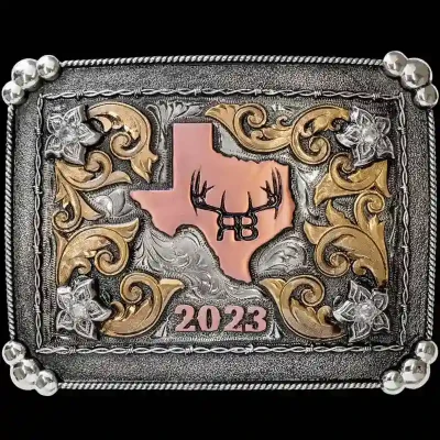 A custom square western belt buckle for men featuring a Texas State figure and a custom ranch brand logo